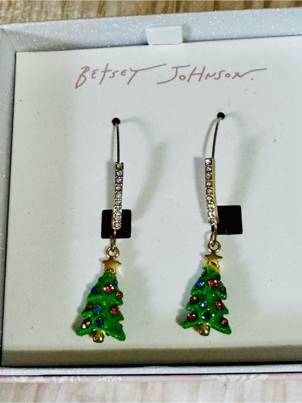 Betsey Johnson Green Enamel Christmas Tree Drop Earrings with Rhinestone Hooks